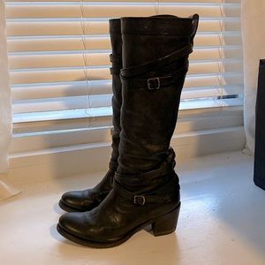FRYE knee high wrap buckle slouch boots black leather size 7